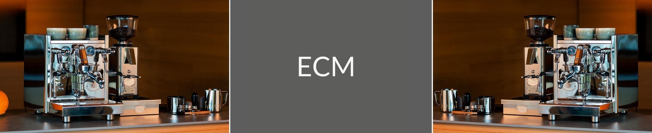 ECM Banner mit einem Bild einer ECM Espressomaschiene und einem Bild zoom auf zwei Espresso Gläser