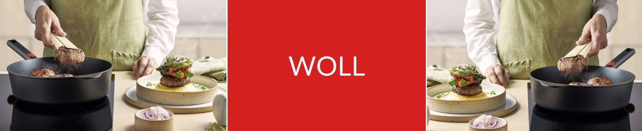 Banner Der Marke Woll Schrift mit rotem Hintergrund und zwei Bildern von einem Topf und einer Pfanne in Anwendung