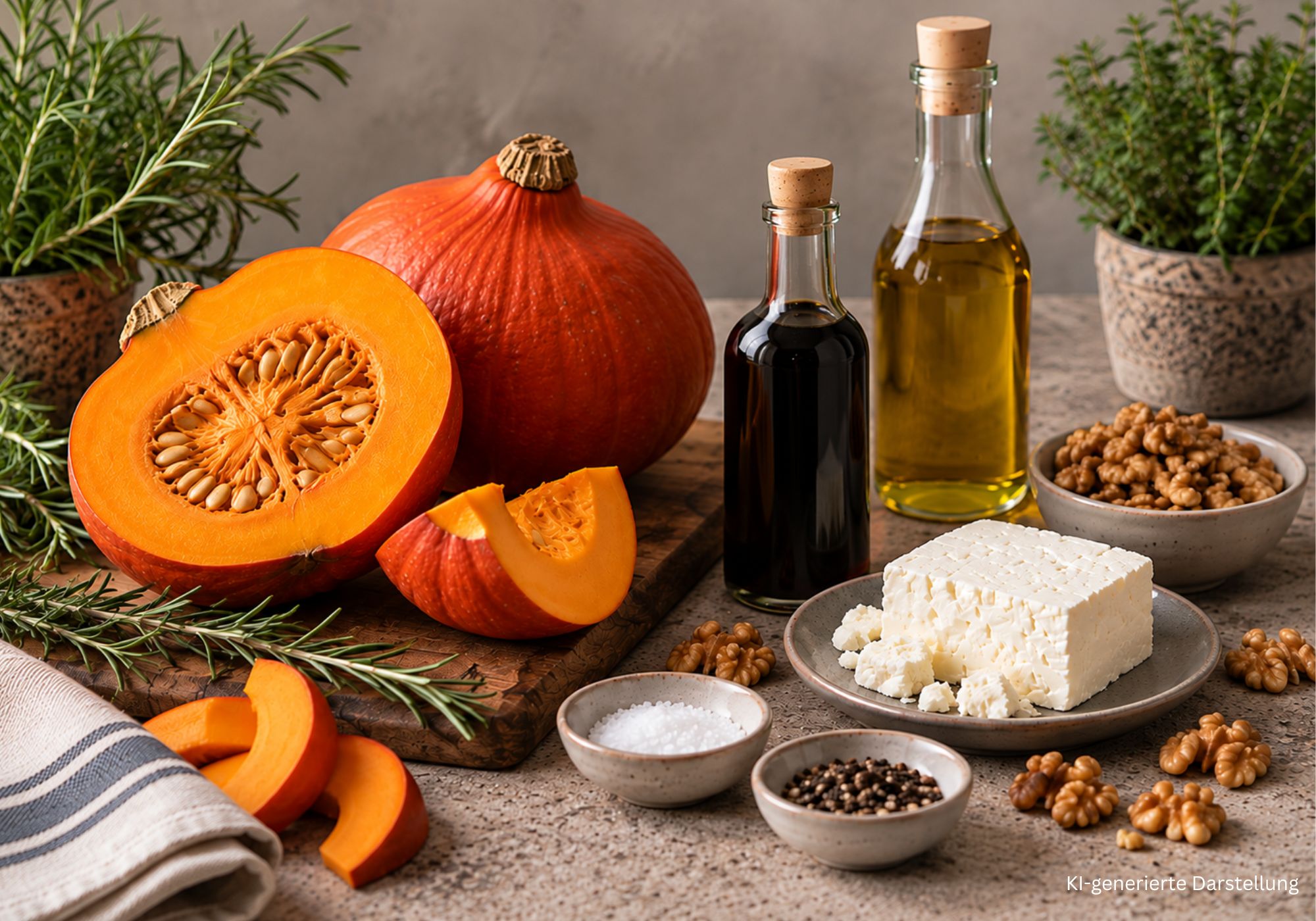 Hokkaidokürbis mit Feta, Walnüssen, Rosmarin, Olivenöl und Dattelbalsamico als Zutaten für Ofenkürbis.