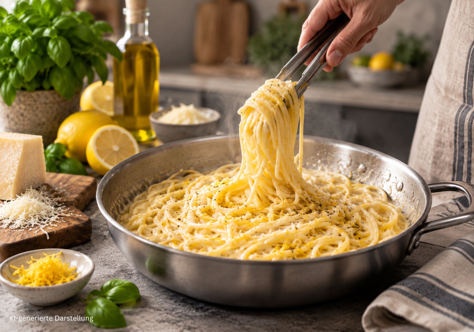 Cremige Pasta mit Zitrone und Parmesan wird in einer Pfanne mit einer Küchenzange angehoben.