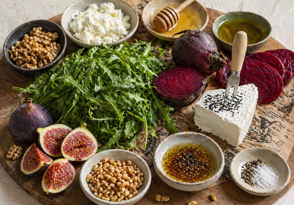Zutaten für Rote Bete Capatio mit Ziegenkäse, Feigen, Rucola und Walnüssen