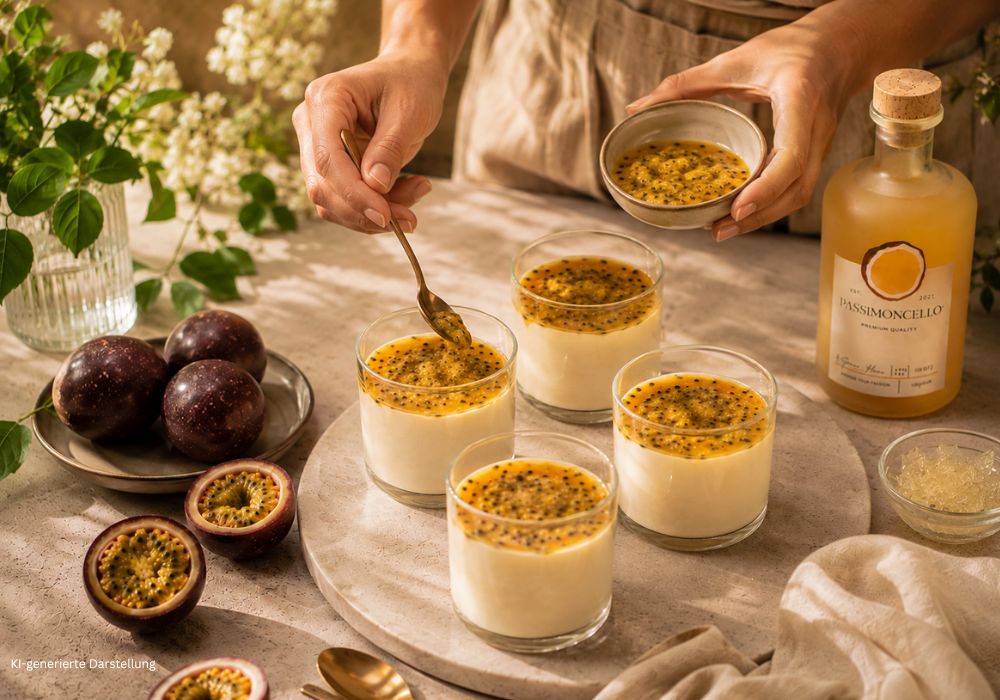 Passimoncello Panna Cotta mit frischer Passionsfrucht beim Garnieren