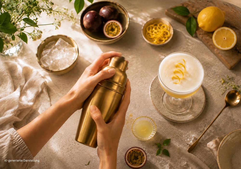 Zubereitung eines Passimoncello Sour im Cocktailshaker mit fertigem Drink und Zitronenzeste