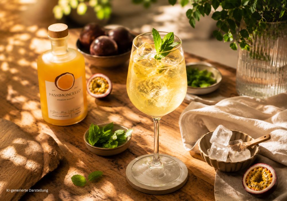 Passimoncello Spritz mit Eisw&uuml;rfeln und frischer Minze, serviert neben Passimoncello und Passionsfr&uuml;chten