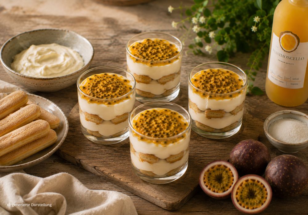 Passimoncello Tiramisu im Glas mit Mascarponecreme, L&ouml;ffelbiskuits und frischer Passionsfrucht