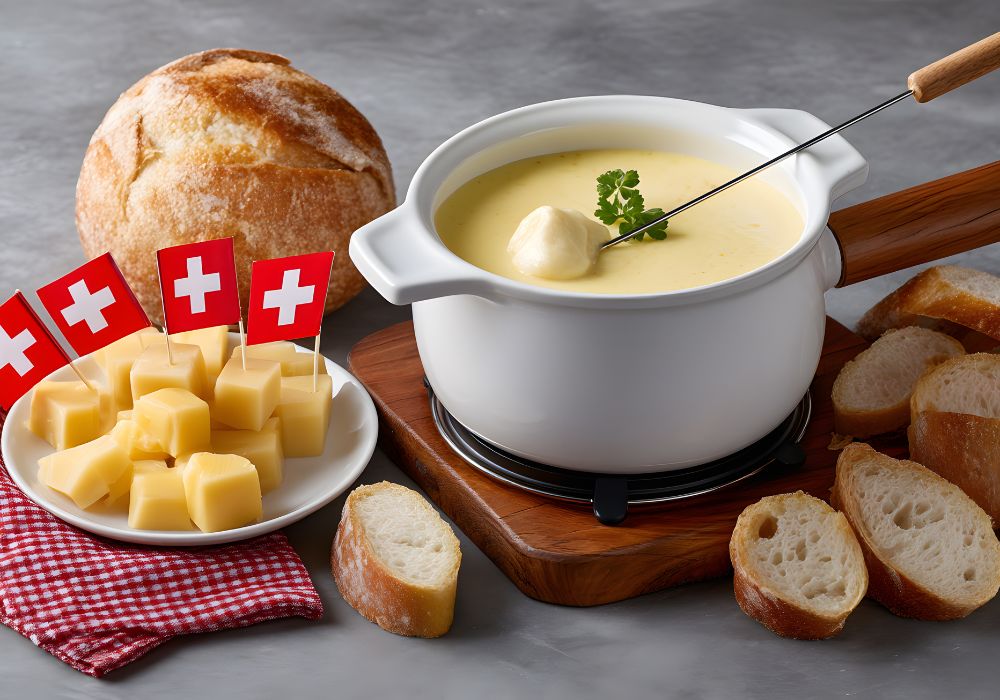 K&auml;sefondue auf einem Brett und K&auml;se mit Schweizer Flaggen und Brot