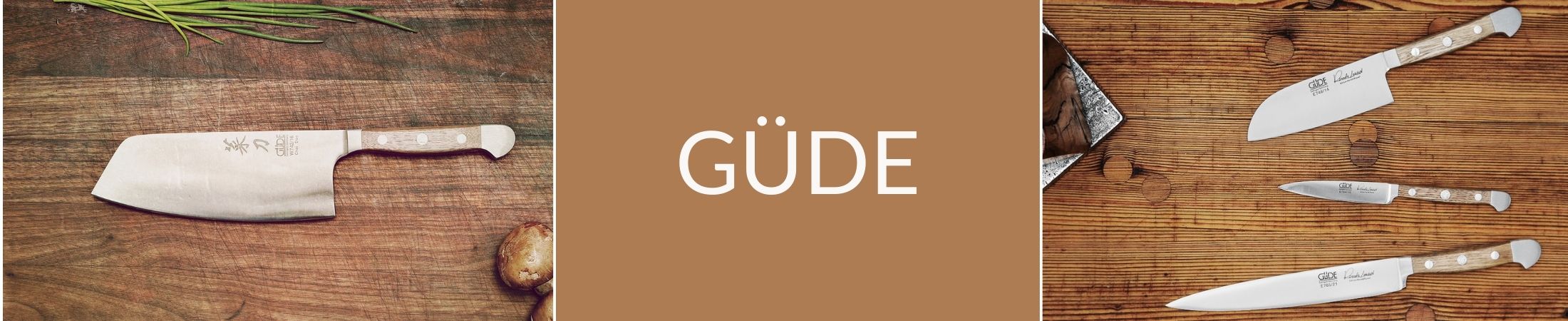 Güde Banner mit 2 verschiedenen Messer Motiven auf einem Holztisch