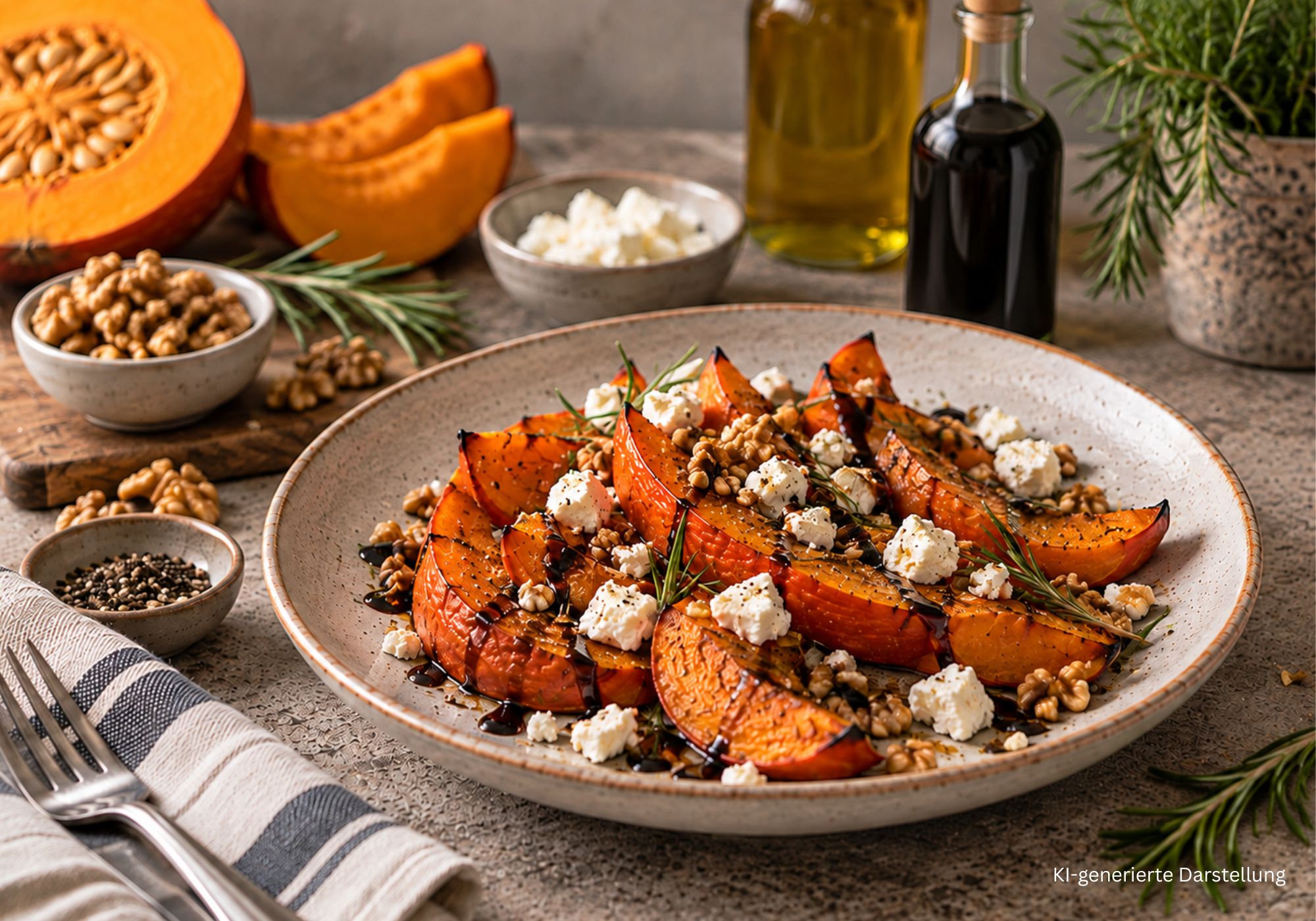 Gerösteter Hokkaidokürbis mit Feta, Walnüssen, Rosmarin und Dattelbalsamico auf einem Teller.