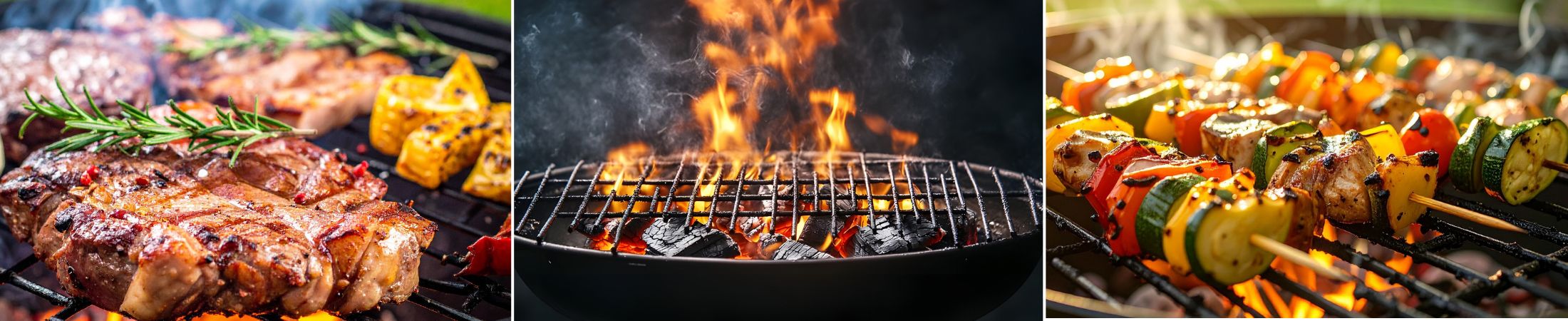 Grillfleisch und Gemüse auf einem Grill in verschiedenen Perspektiven dargestellt.