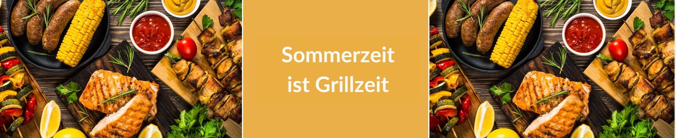 Frisch Gegrilltes Gemüse und Fleisch mit Text: "Sommerzeit ist Grillzeit"