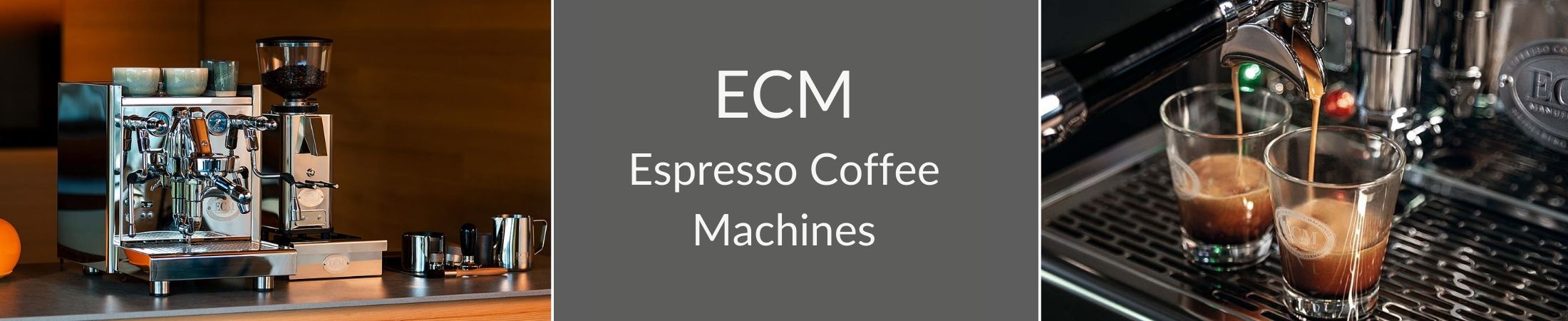 ECM Banner mit einem Bild einer ECM Espressomaschiene und einem Bild zoom auf zwei Espresso Gläser