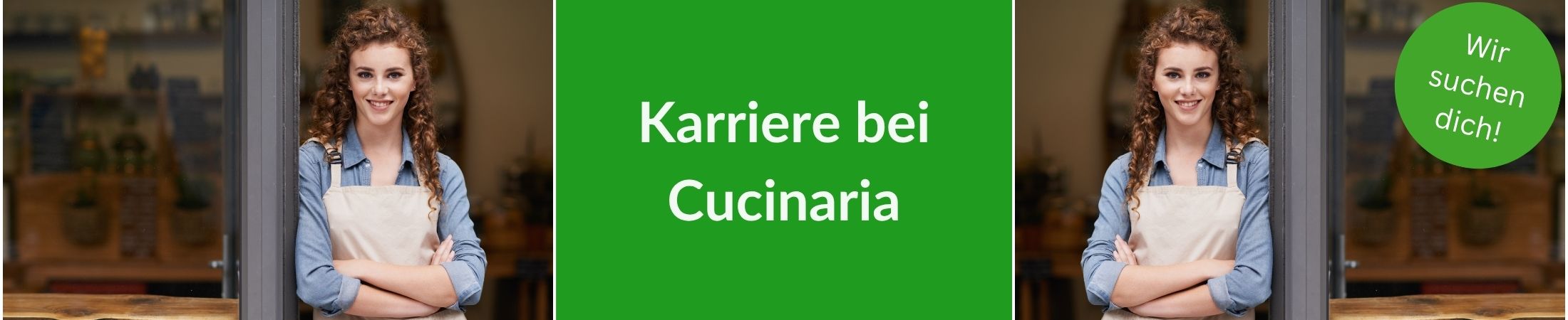Karriere bei Cucinaria. Freundliche Frau steht im Eingang eines Ladengeschäfts. Wir suchen dich!
