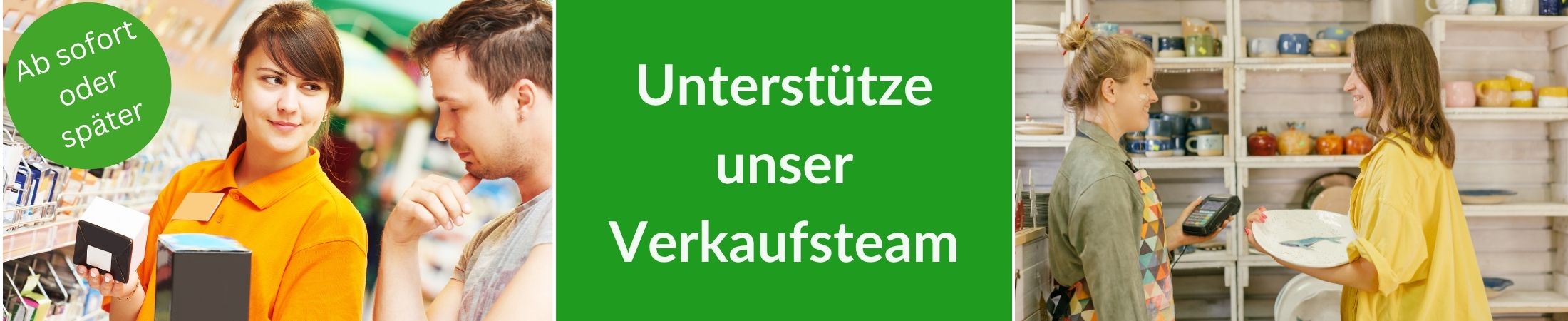 Verkäufer und Kunde im Beratungsprozess. Text: "Unterstütze unser Verkaufsteam. Ab sofort oder später"