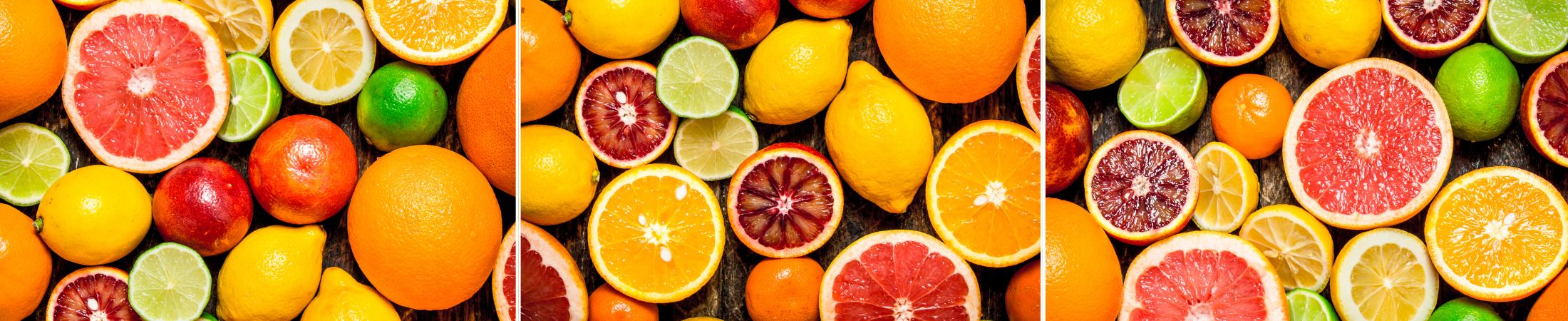 Banner mit verschidenen Zitrusfrüchten, ein Bild mit geschnittenen Früchten auf einem Schneidebrett und ein Korb mit Zitrusfrüchten, daneben Frischgepresster Saft
