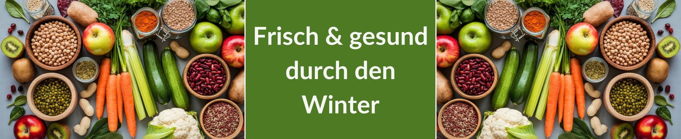 Frisch und gesund durch den Winter. Verschiedenes Obst und Gem&uuml;se mit Kernen und N&uuml;ssen.