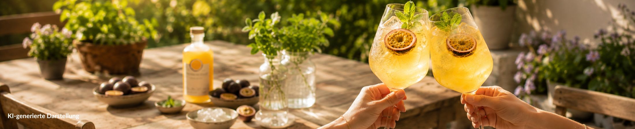 Zwei Passimoncello Spritz beim Ansto&szlig;en auf einer sommerlichen Terrasse