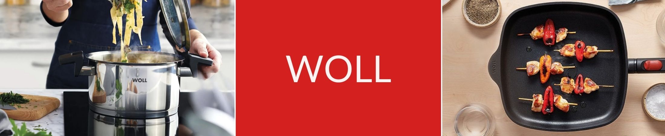 Banner Der Marke Woll Schrift mit rotem Hintergrund und zwei Bildern von einem Topf und einer Pfanne in Anwendung
