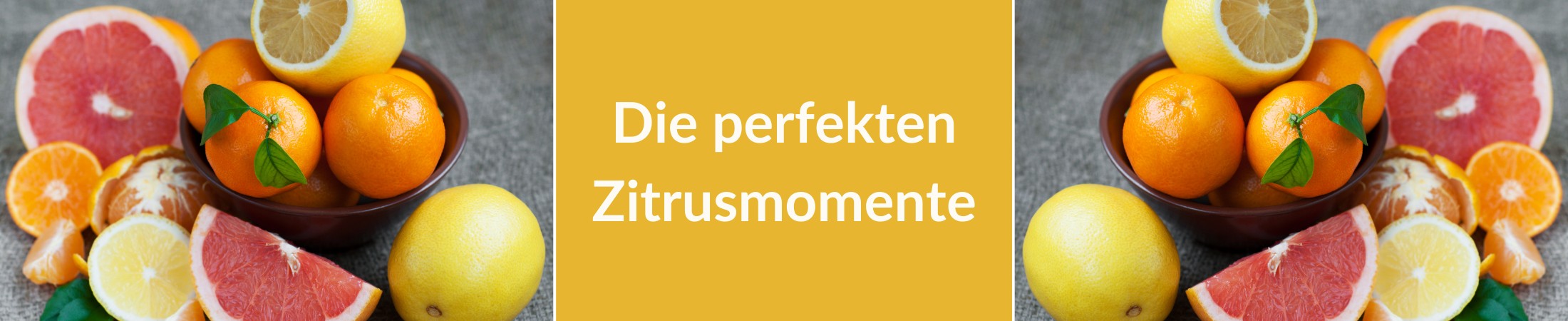 Überschrift Die perfekten Zitrusmomente und daneben Bilder mit verschiedenen Zitrusfrüchten