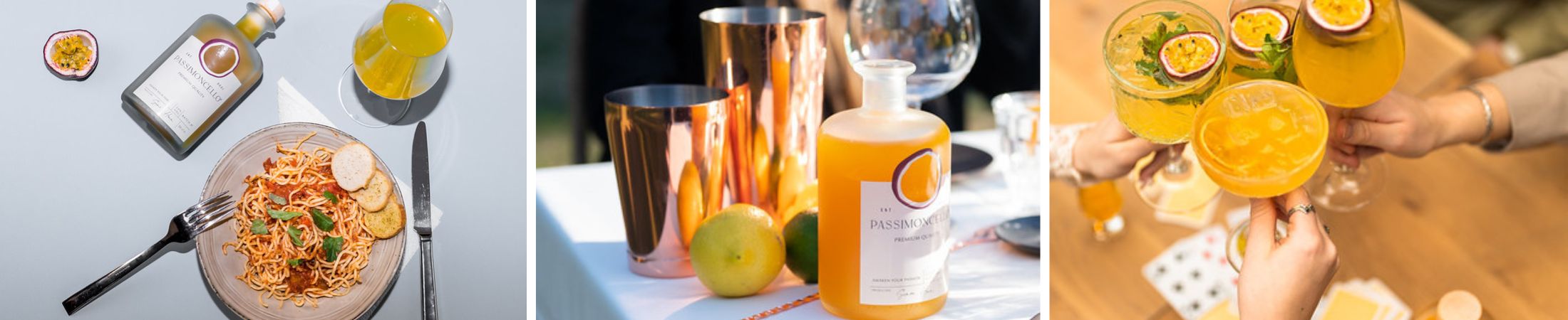 Bilderreihe Passimoncello, Lik&ouml;rflasche neben Teller mit Nudeln, Passimoncello auf Tisch, Ansto&szlig;en mit Passimoncello 