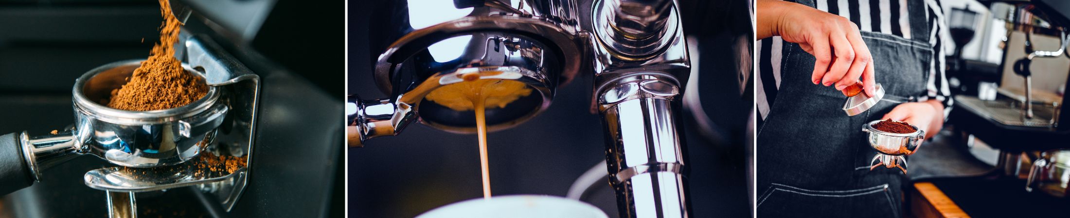 Espresso läuft durch ein Siebträger in eine Tasse und Bilder mit Siebträger und Tamper