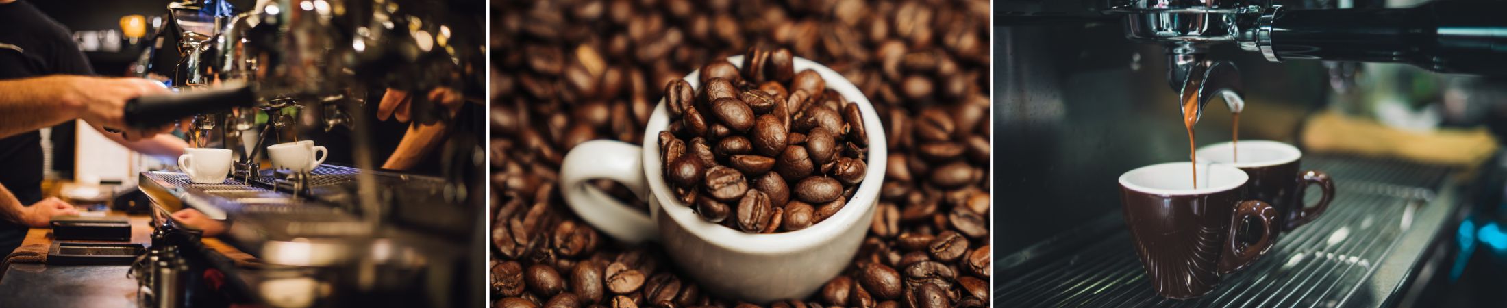 Espresso Tasse mit Kaffeebohnen in Inneren und drumherum