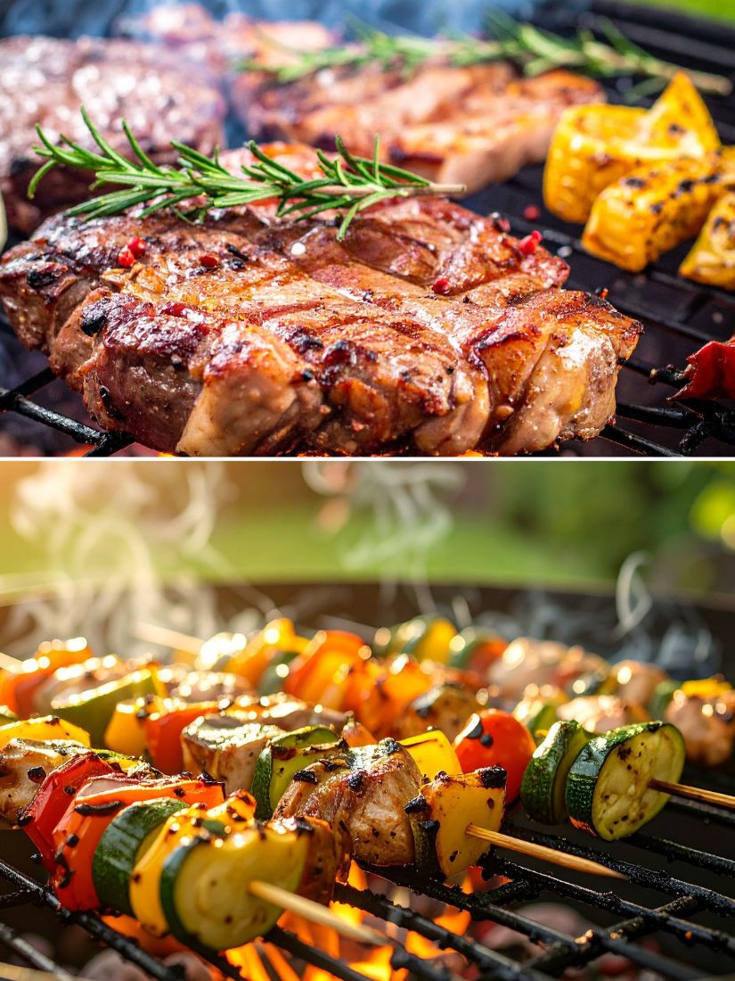 Grillfleisch und Gemüse auf einem Grill in verschiedenen Perspektiven dargestellt.