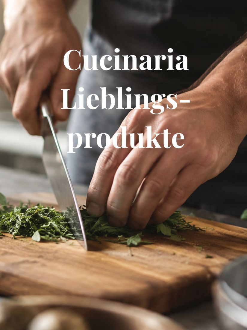 "Cucinaria Lieblingsprodukte" Bild: Person schneidet frische Kr&auml;uter mit Kochmesser