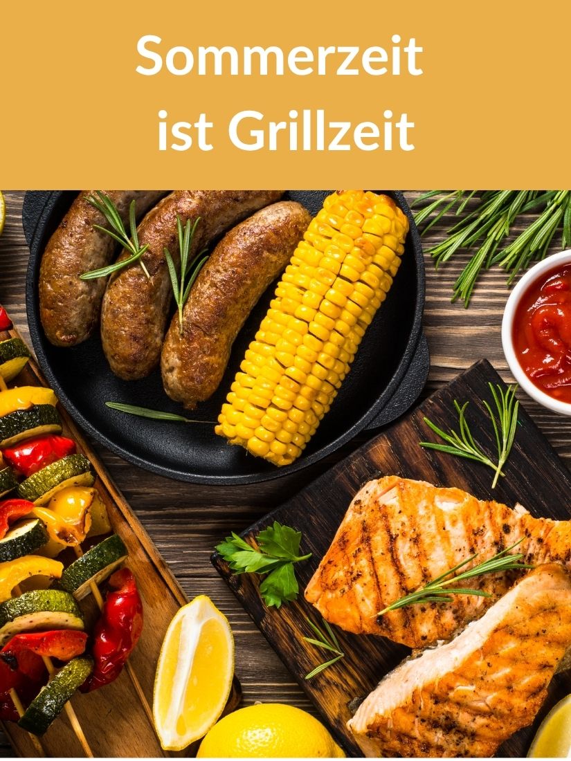 Frisch Gegrilltes Gemüse und Fleisch mit Text: "Sommerzeit ist Grillzeit"