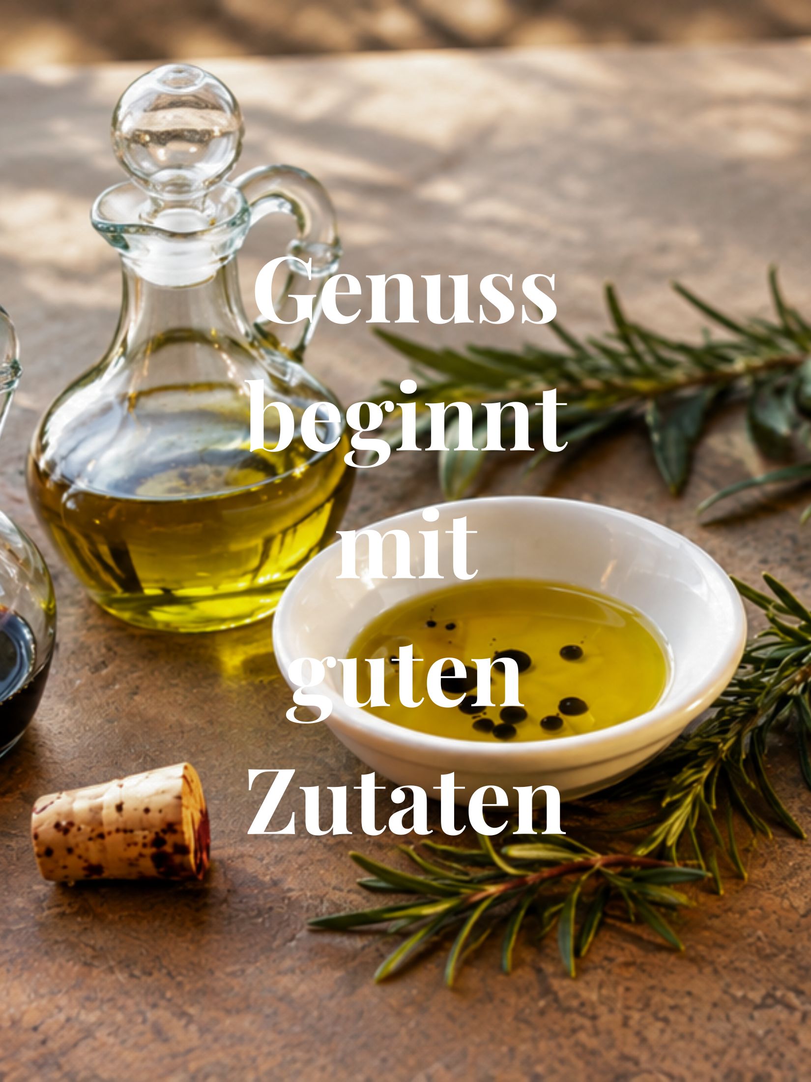 Olivenöl und Balsamico in Glaskaraffen mit Kräutern auf mediterranem Tisch