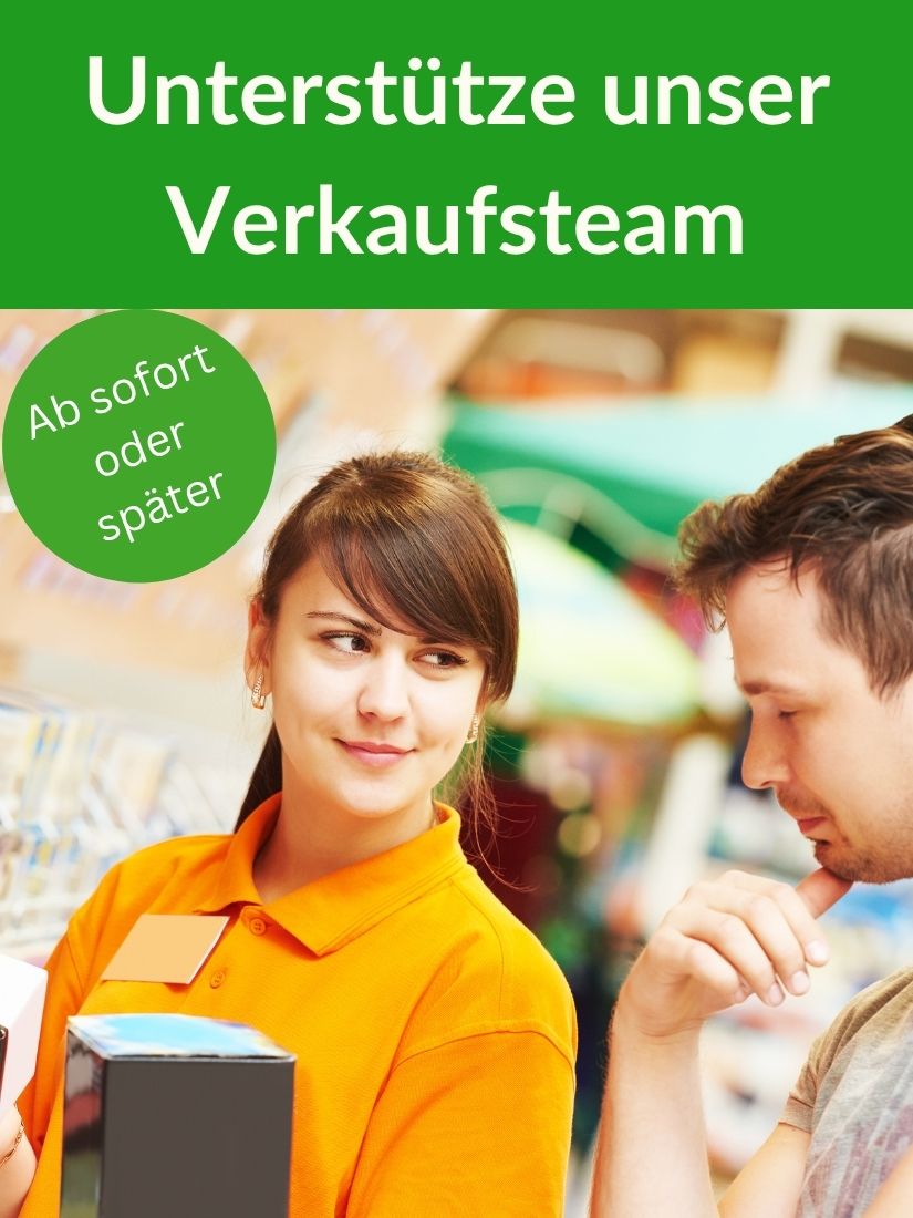 Verkäufer und Kunde im Beratungsprozess. Text: "Unterstütze unser Verkaufsteam. Ab sofort oder später"