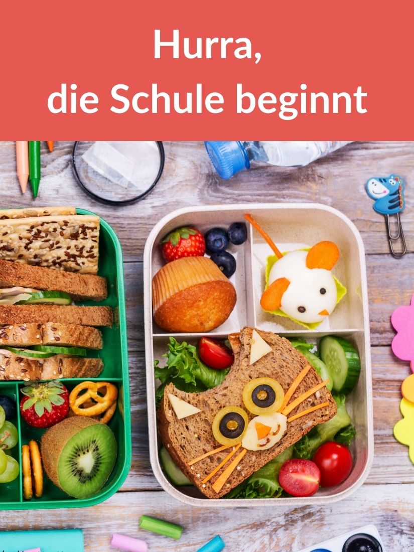 Hurra, die Schule beginnt. Zu sehen sind verschiedene gefüllte Brotdosen.