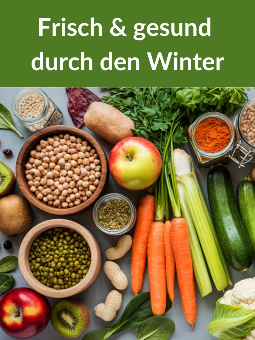Frisch und gesund durch den Winter. Verschiedenes Obst und Gem&uuml;se mit Kernen und N&uuml;ssen.