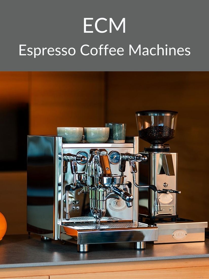 ECM Banner mit einem Bild einer ECM Espressomaschiene und einem Bild zoom auf zwei Espresso Gläser