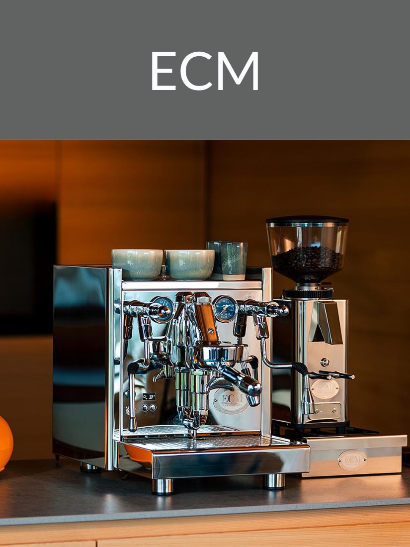 ECM Banner mit einem Bild einer ECM Espressomaschiene und einem Bild zoom auf zwei Espresso Gläser