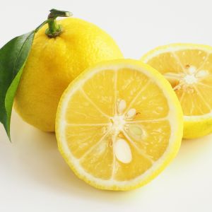 Yuzu in Stücken auf einem Teller und mit Blattgold verziert