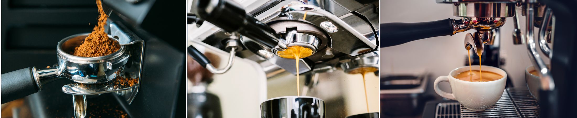 Online Terminbuchung - Siebträgermaschinen - Bilder mit verschiedenen Siebträgern und frischem Kaffee